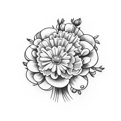 Bouquet of flowers that includes carnations , daisys, and lily of the valley with a stem tattoo design idea