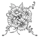 Bouquet of flowers that includes carnations , daisys, and lily of the valley with a stem tattoo design idea