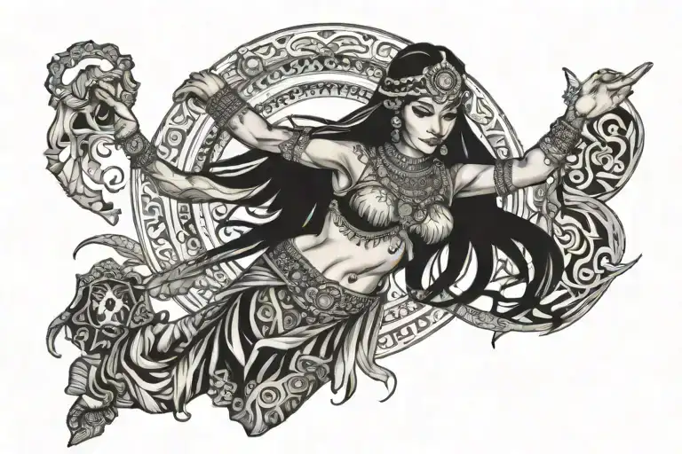 Design a tattoo featuring a bellydancer surrounded by Indian cultural symbols in a blackwork style tattoo design idea