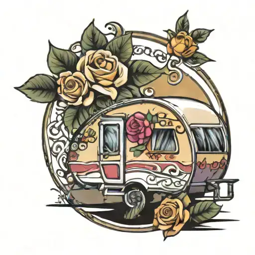 traditional gypsy bell top caravan with one neo traditional rose in the background  tattoo design idea