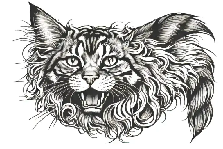 Crying Maine Coon cat curled tattoo design idea