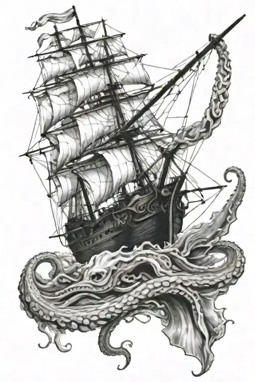 kraken dragging down sailing ship tattoo design idea