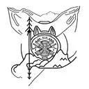 Mount Fuji, Compass which is behind fuji party and shows north, japanese fox mask tattoo design idea