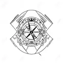 Mount Fuji, Compass which is behind fuji party and shows north, japanese fox mask tattoo design idea