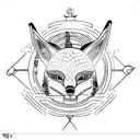 Mount Fuji, Compass which is behind fuji party and shows north, japanese fox mask tattoo design idea