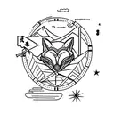 Mount Fuji, Compass which is behind fuji party and shows north, japanese fox mask tattoo design idea