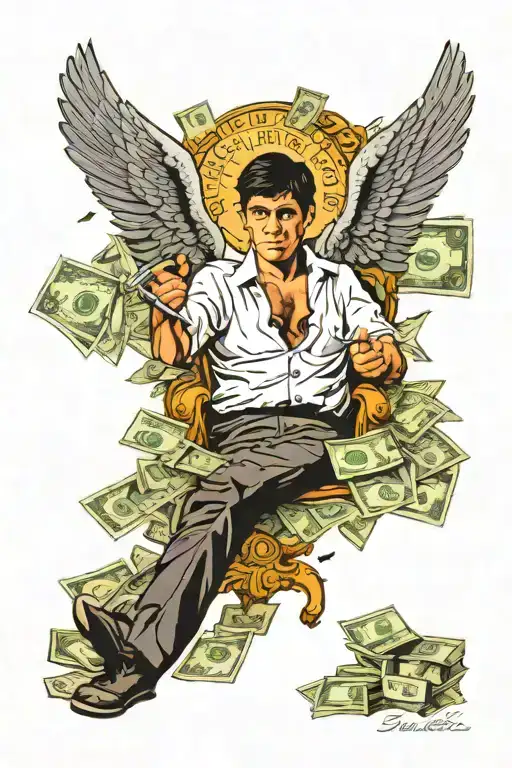 Scarface "The world is yours" surrounded by money bills and a angel I. the middle of it all tattoo design idea