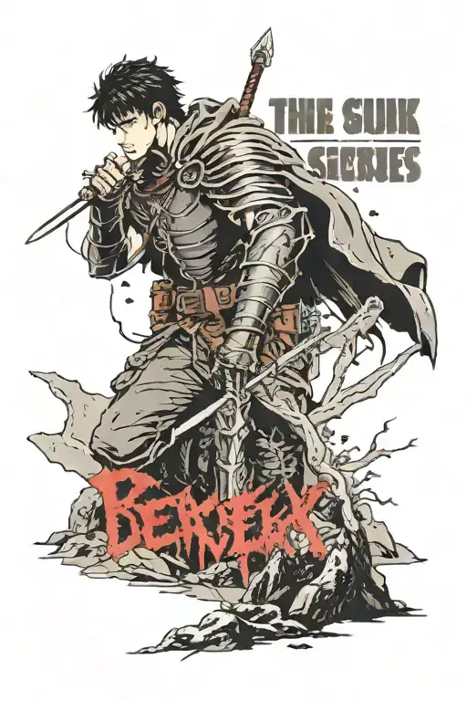 Anime character "Berserk" Guts sitting on a mountain of corpses with a sword and looking at the quote "What decides the  tattoo design idea