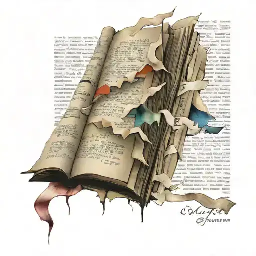 tattoo of torn book with half typed pages colorful  tattoo design idea
