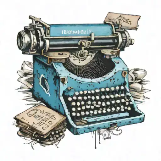 small broken blue vintage typewriter with font around it tattoo design idea
