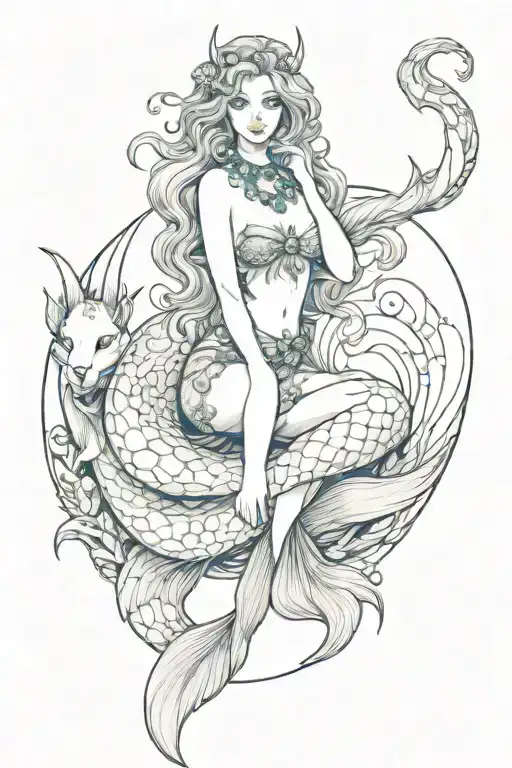 Capricorn mermaid sitting tattoo design idea