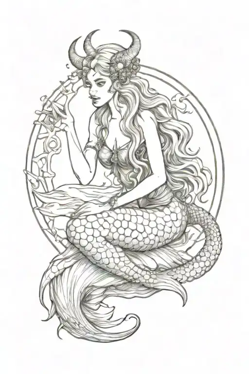 Capricorn mermaid sitting alone tattoo design idea