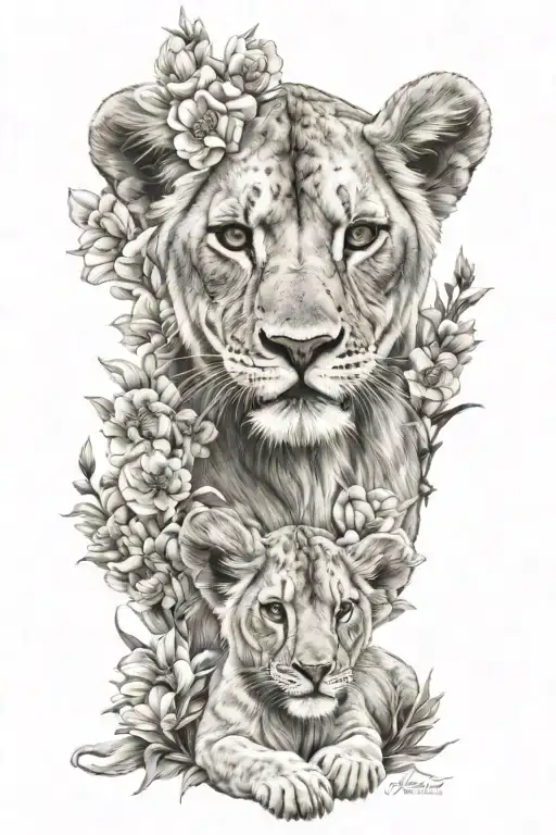 lioness 5 lion cubs flowers tattoo design idea