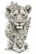 lioness 5 lion cubs flowers tattoo design idea