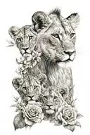 lioness 5 lion cubs flowers tattoo design idea