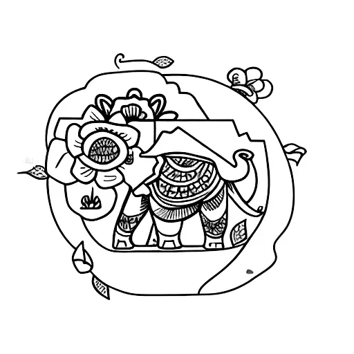 Thai mountains, elephant , flowers , sea turtle  tattoo design idea