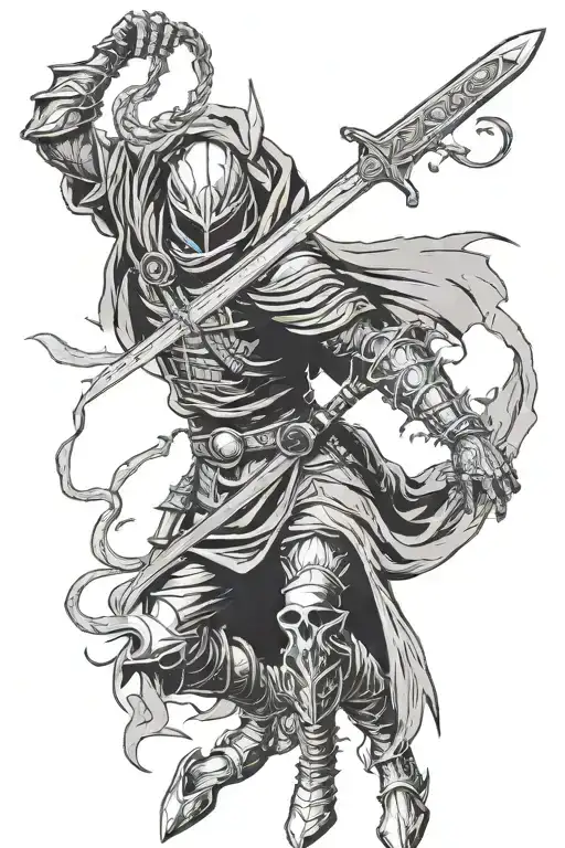 artorias from dark souls poses with sword, in the background death skull of netero from hunter x hunter and snake tattoo design idea