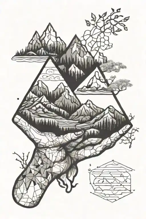 mountains forest dopamine molecule children's hands tattoo design idea