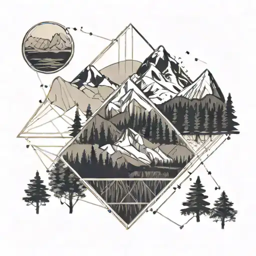 Dopamine molecule, mountains, forest and mountain landscape tattoo design idea