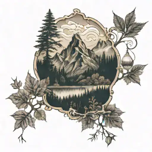 Dopamine molecule, mountains, forest and mountain landscape tattoo design idea