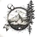 Dopamine molecule, mountains, forest and mountain landscape tattoo design idea