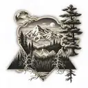 Dopamine molecule, mountains, forest and mountain landscape tattoo design idea