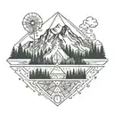 Dopamine molecule, mountains, forest tattoo design idea