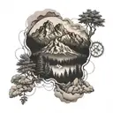 Dopamine molecule, mountains, forest and mountain landscape tattoo design idea
