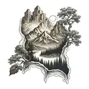Dopamine molecule, mountains, forest and mountain landscape tattoo design idea