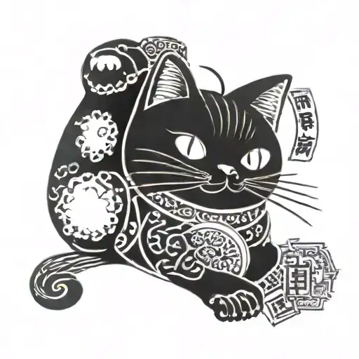 A Japanese lucky cat with a winning lottery ticket in its paw tattoo design idea