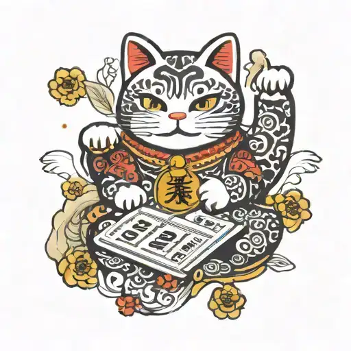 A Japanese lucky cat with a winning lottery ticket in its paw tattoo design idea
