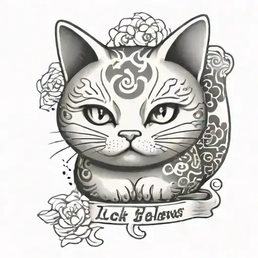 A traditional Japanese lucky cat with anime eyes and the quote 'Luck follows those who believe in themselves' tattoo design idea