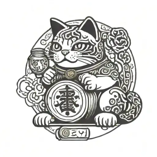 A Japanese lucky cat with a winning lottery ticket in its paw tattoo design idea