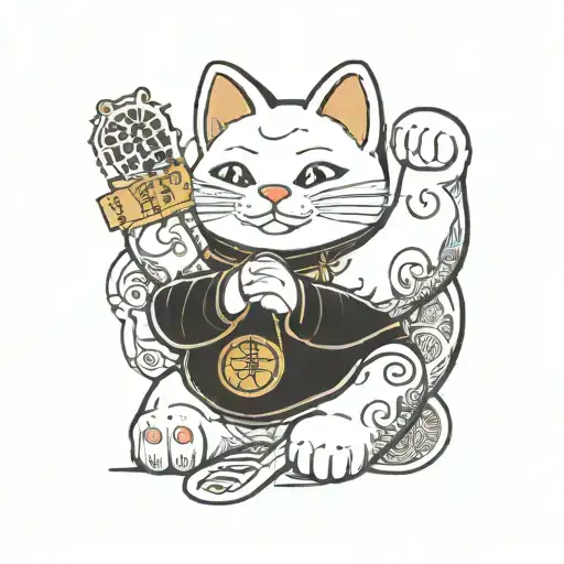 A Japanese lucky cat with a winning lottery ticket in its paw tattoo design idea