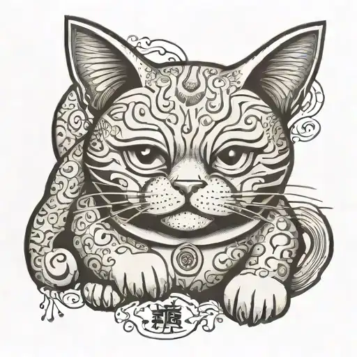 A traditional Japanese lucky cat with anime eyes and the quote 'Luck follows those who believe in themselves' tattoo design idea