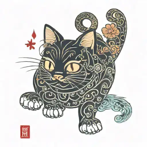 A traditional Japanese lucky cat with anime eyes  tattoo design idea