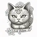 A traditional Japanese lucky cat with anime eyes and the quote 'Luck follows those who believe in themselves' tattoo design idea