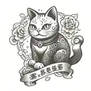 A traditional Japanese lucky cat with anime eyes and the quote 'Luck follows those who believe in themselves' tattoo design idea