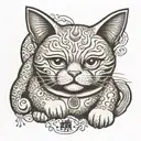 A traditional Japanese lucky cat with anime eyes and the quote 'Luck follows those who believe in themselves' tattoo design idea