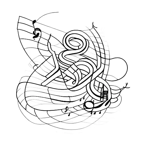 A saxophone surrounded by swirling musical notes tattoo design idea