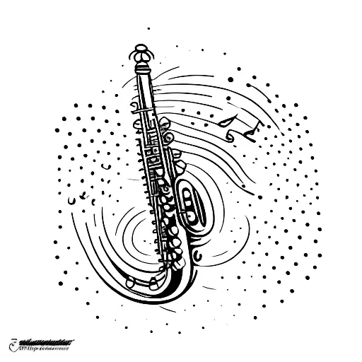 A minimalist design of a saxophone spitting a musical staff tattoo design idea