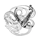 A minimalist design of a saxophone spitting a musical staff tattoo design idea