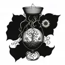 tree roots growing into anchor hour glass with sunflowers tattoo design idea