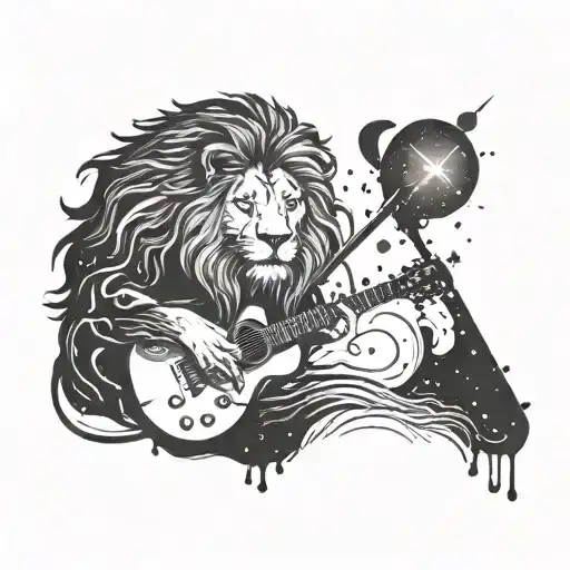 A lion with a galaxy mane playing a guitar on a melting clock background tattoo design idea