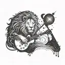 A lion with a galaxy mane playing a guitar on a melting clock background tattoo design idea