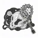 A lion with a galaxy mane playing a guitar on a melting clock background tattoo design idea
