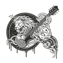 A lion with a galaxy mane playing a guitar on a melting clock background tattoo design idea