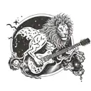 A lion with a galaxy mane playing a guitar on a melting clock background tattoo design idea