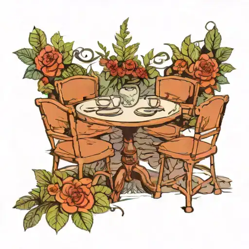  A trio of tables and chairs arranged in a cozy outdoor setting, surrounded by flowers and trees, with the lyrics "We we tattoo design idea