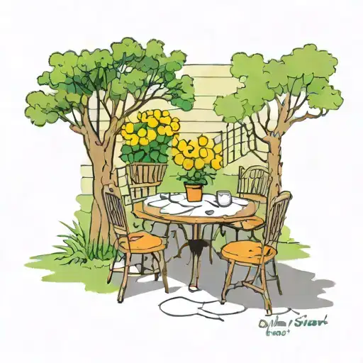  A trio of tables and chairs arranged in a cozy outdoor setting, surrounded by flowers and trees, with the lyrics "We we tattoo design idea